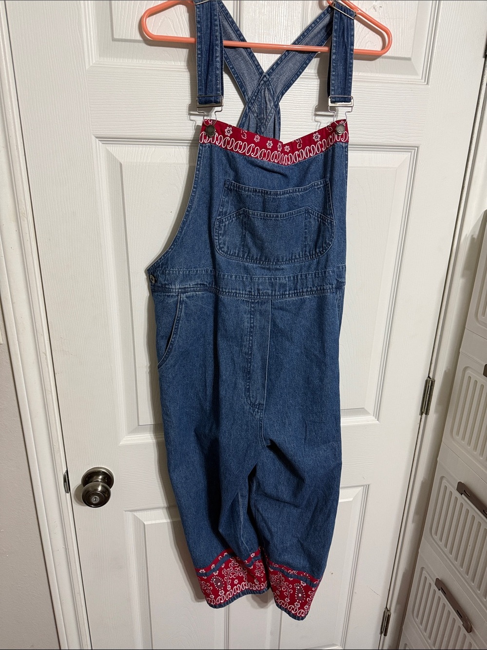 Denim capri Overalls with Red Bandana Trim - Women Capris